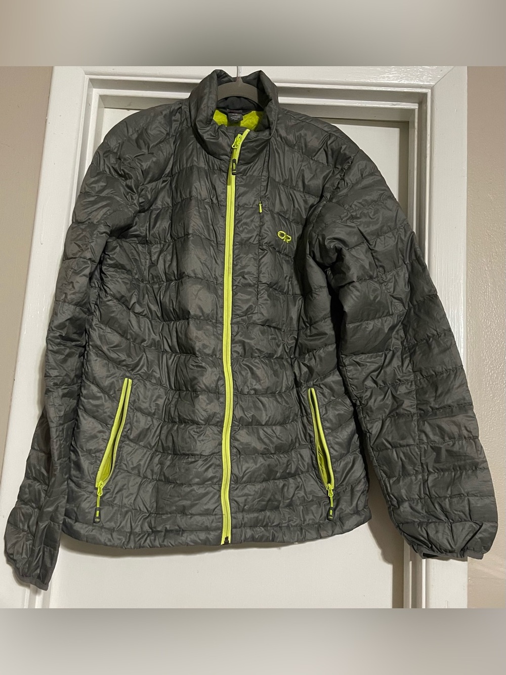 Outdoor Research Transcendent Down Jacket Mens L Gray Neon Goose Puffer **READ**